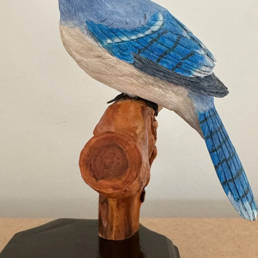Source Unknown Hand-Painted Blue and White Jay Figurine on Wood Perch